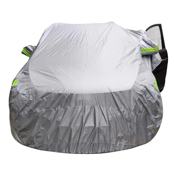 Gray universal all-weather car cover for an SUV or sedan, shown folded.