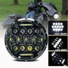 A close-up view of a round motorcycle LED headlight assembly showing high and low beam patterns.