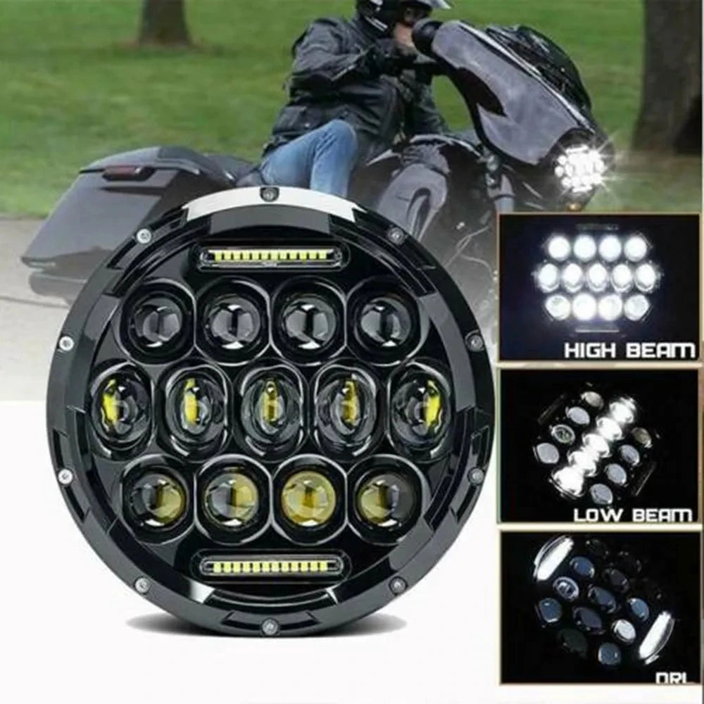 A close-up view of a round motorcycle LED headlight assembly showing high and low beam patterns.