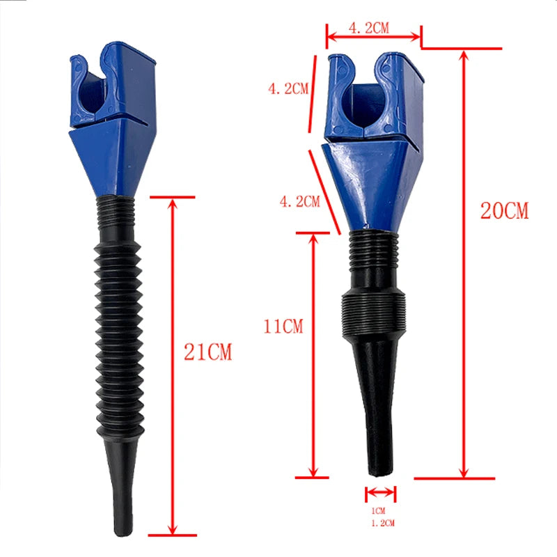 Blue foldable funnel for refueling cars and motorcycles with a black nozzle.