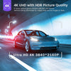 A blue Tesla Model 3 driving on a road, captured by a 4K UHD HDR camera system.