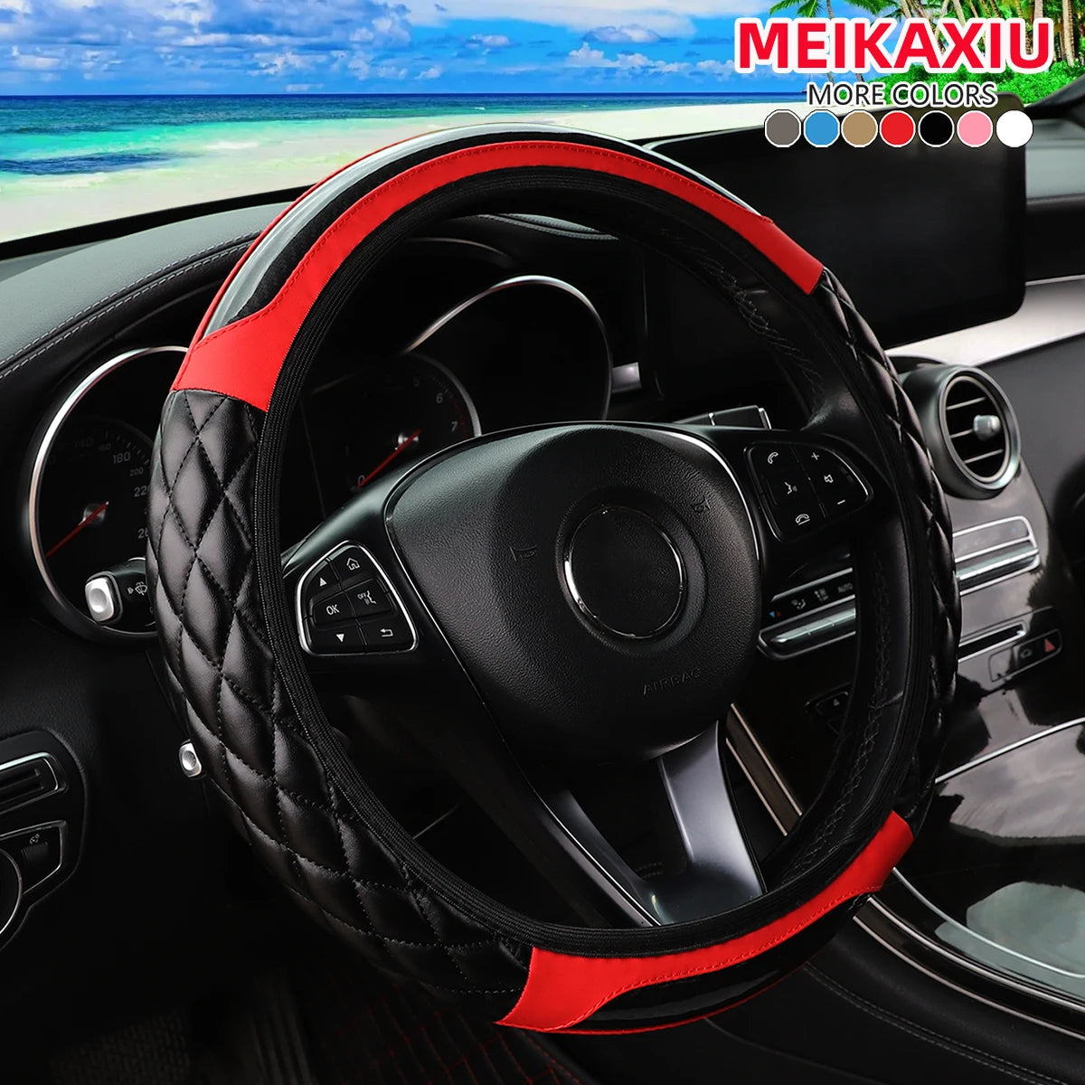 Black leather steering wheel cover with red accents installed in a car interior.