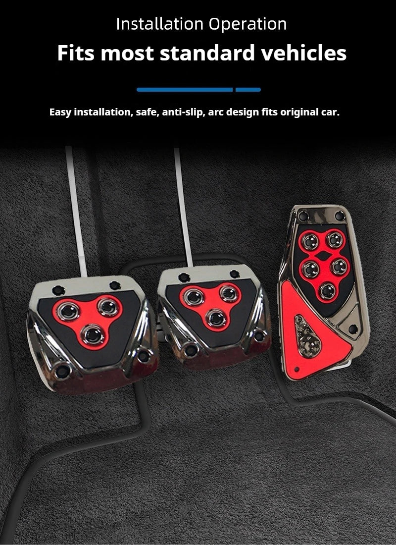 Un juego de pedales universales de acelerador y freno para coche con detalles en rojo y negro, mostrado en el interior oscuro
