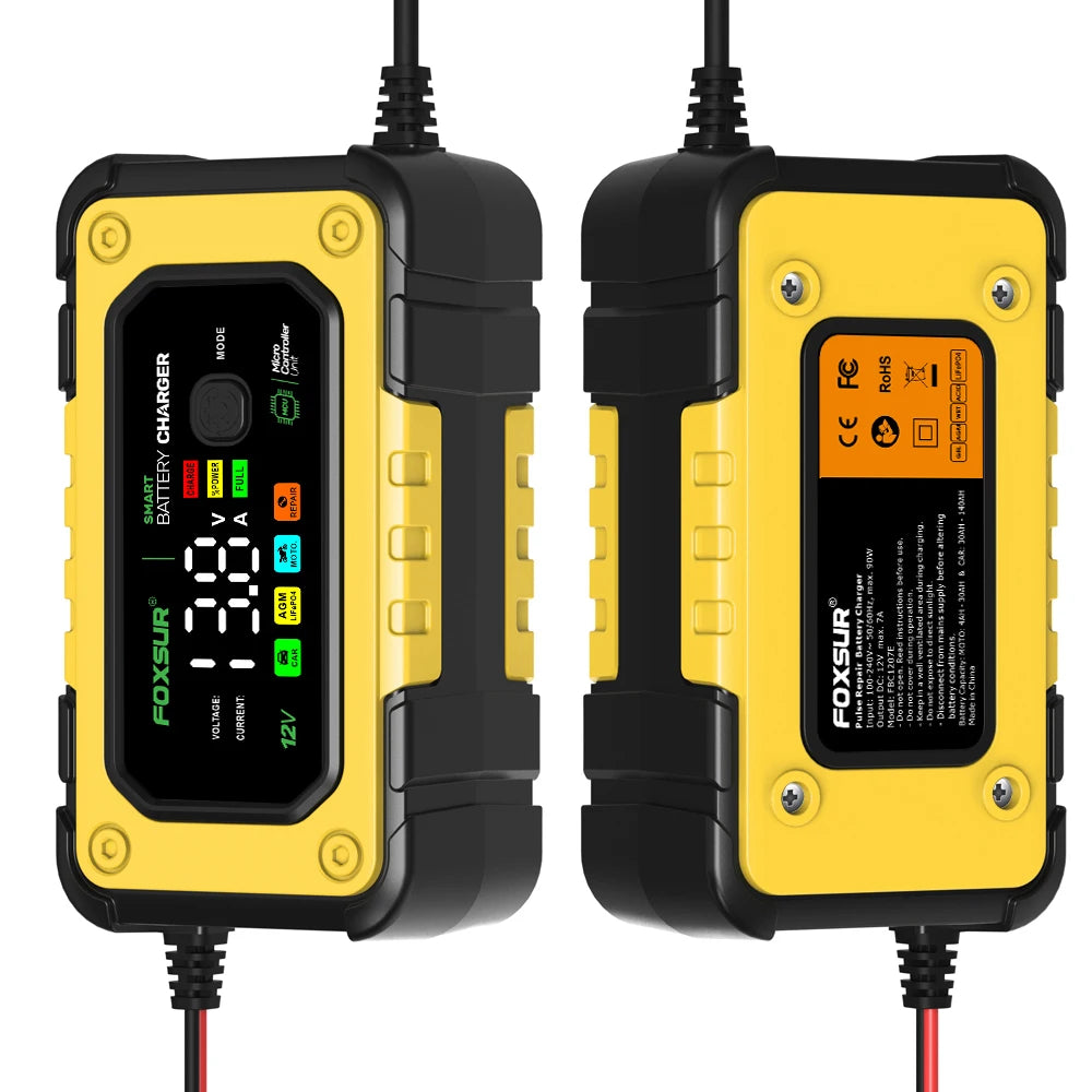 A pair of yellow and black FoxSur digital battery chargers for lead-acid and AGM batteries.