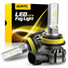 A packaged LED fog light assembly with a silver housing and yellow lens, shown next to its box.