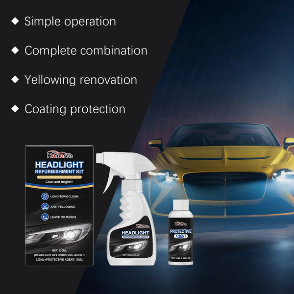 A headlight refurbishment kit shown with a protective agent bottle and a car headlight.
