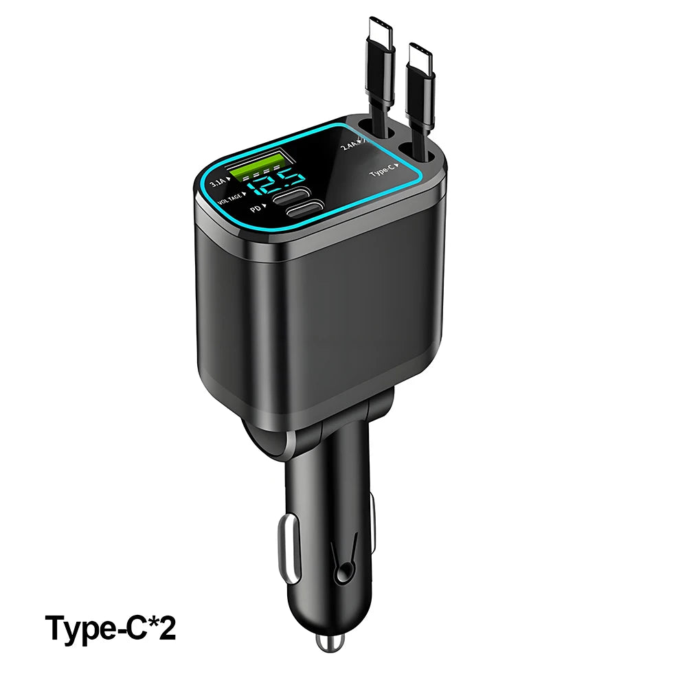 A black Type-C2 retractable car charger with a digital voltage display and multiple output ports.