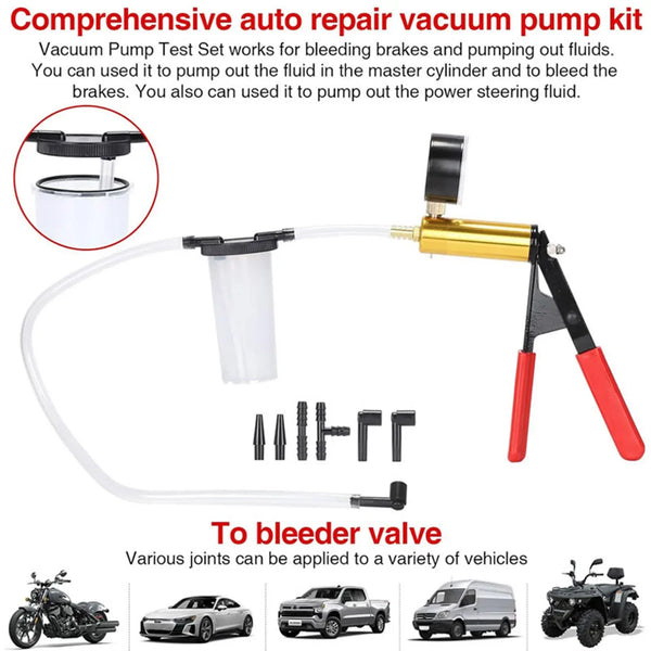 A comprehensive auto repair vacuum pump kit with hoses and joints for bleeding brakes and pumping fluids.