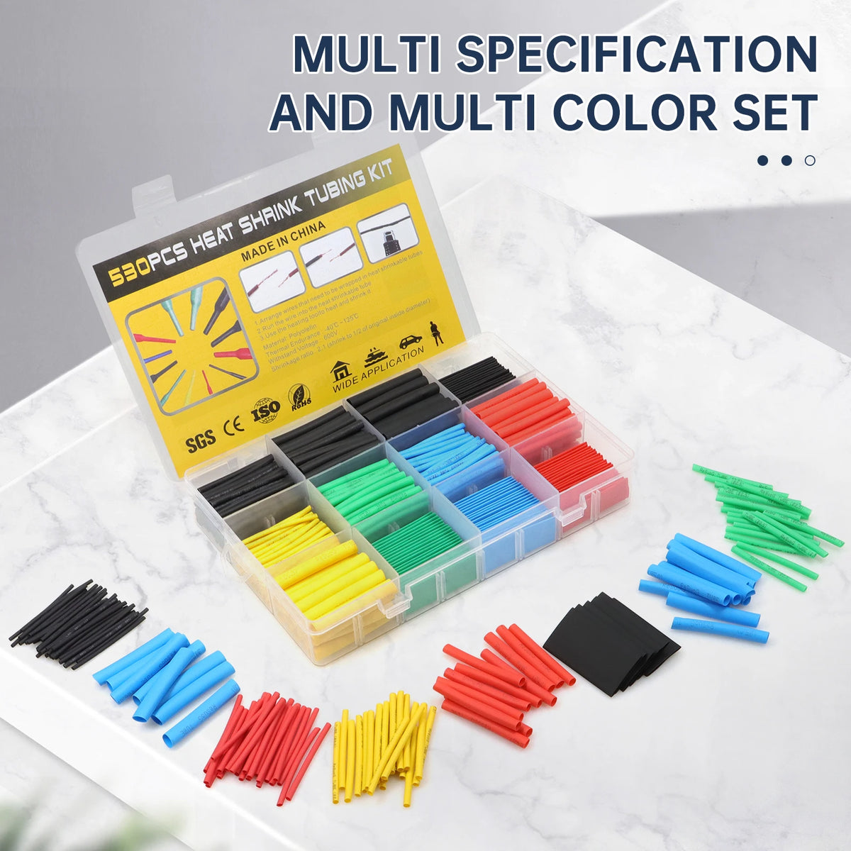 A multi specification and multi color set of 530pcs heat shrink tubing kit for electrical insulation in various colors.