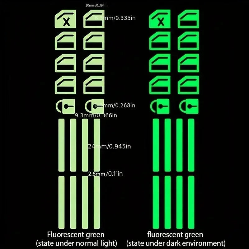 A pair of fluorescent green window button decals showing different sizes and shapes for car windows.