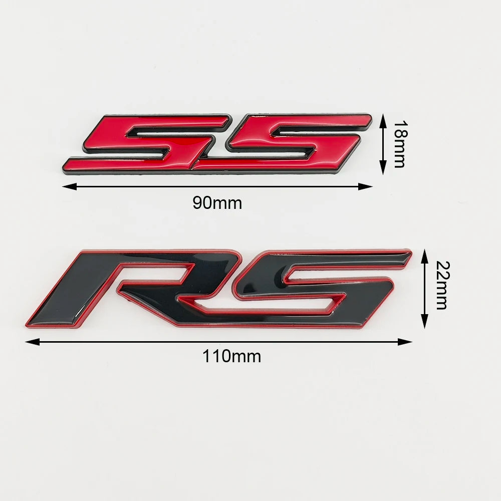 A red and black 3D metal SS/RS emblem badge for Chevrolet vehicles, shown with dimensions.