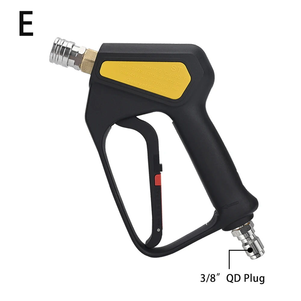 Black high-pressure short trigger spray gun with a yellow grip and a 3/8" QD plug connector.