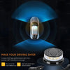 An emergency LED strobe light is shown illuminating a vehicle, demonstrating 360 degree brightness coverage.