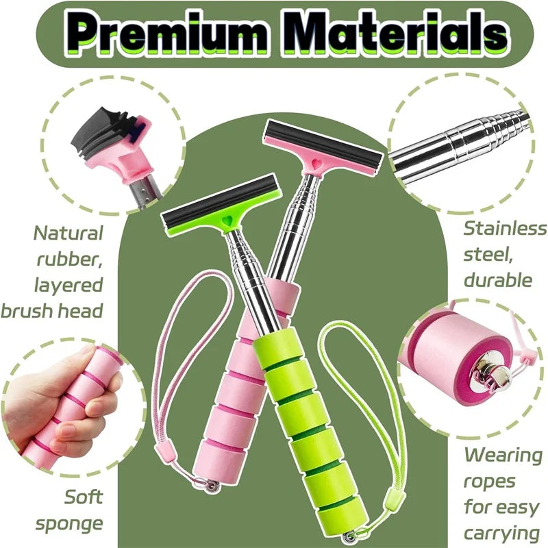 A set of cleaning tools including a pink and green brush head, a stainless steel tool, and soft sponge for car and glass clea