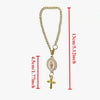 Gold chain rosary necklace with a pendant featuring a religious figure and a cross.