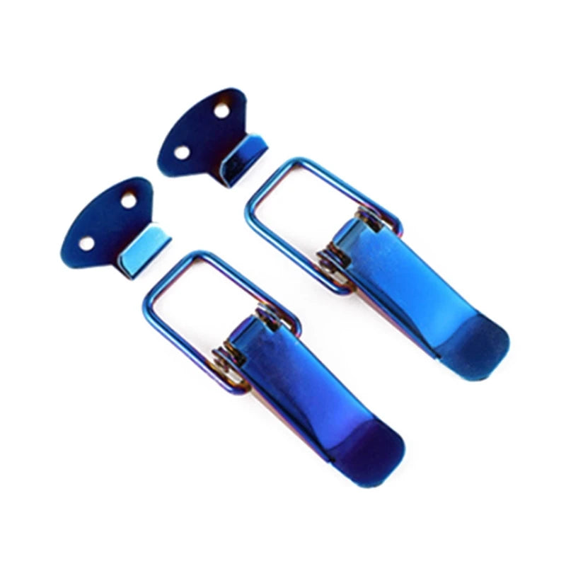 Two blue car trunk pull buckle repair clips with metal hooks and sliding mechanisms
