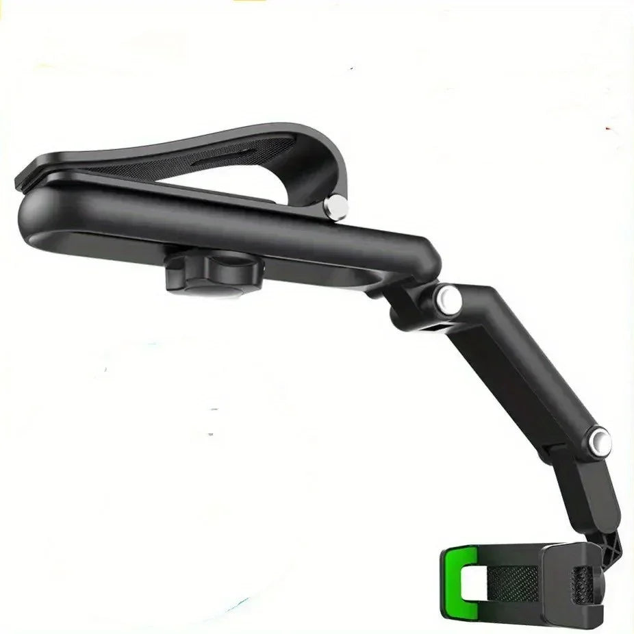 Black 360° rotating car phone holder designed for rearview mirrors or seats.