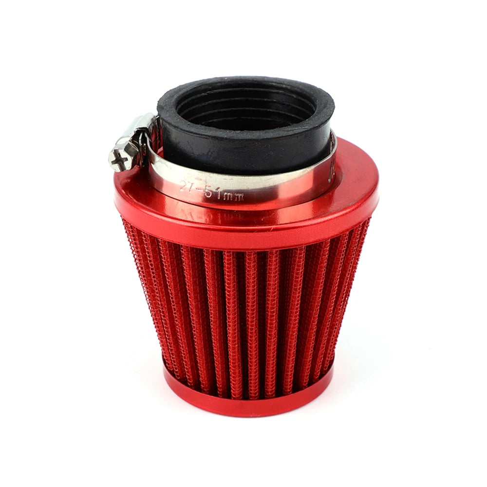 Kit d'induction de filtre à air de moto rouge avec élément cylindrique noir et raccord métallique.