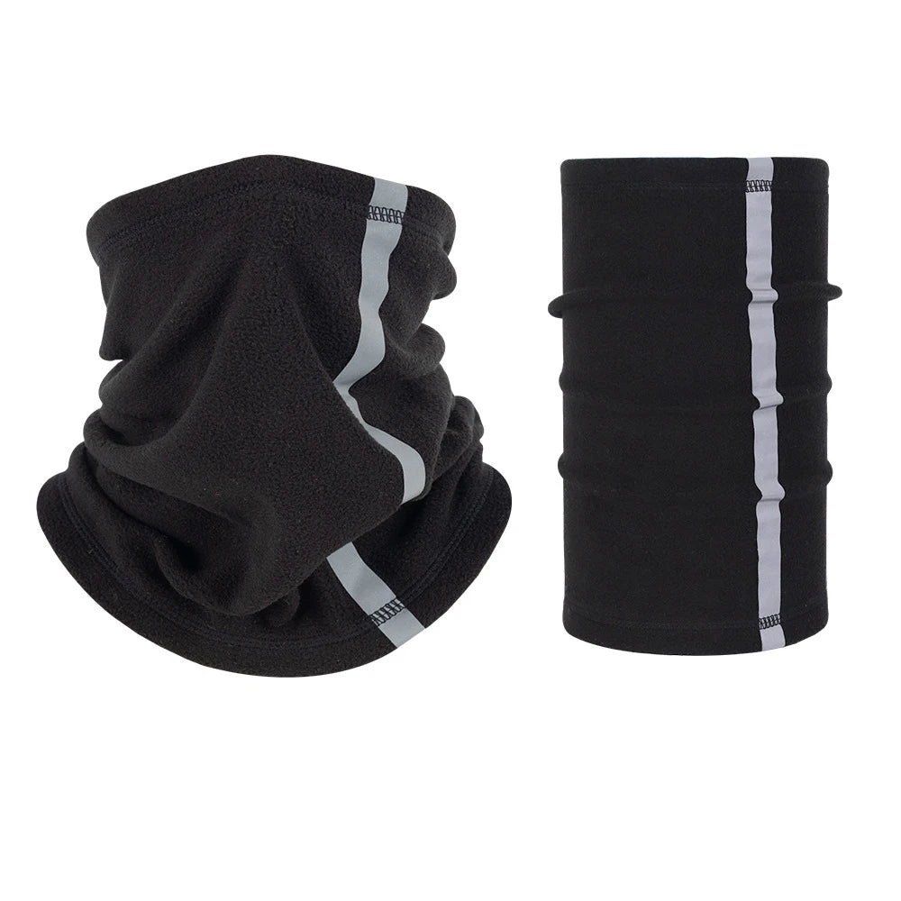 Black fleece neck warmer scarf with white stripes shown folded and rolled.
