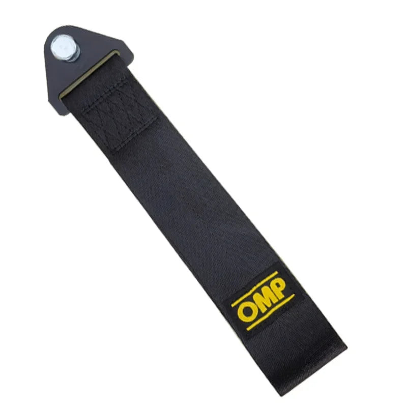 Black heavy-duty bumper tow hook with a rope for vehicle recovery