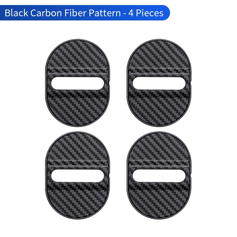 Four black carbon fiber pattern door lock protector covers.