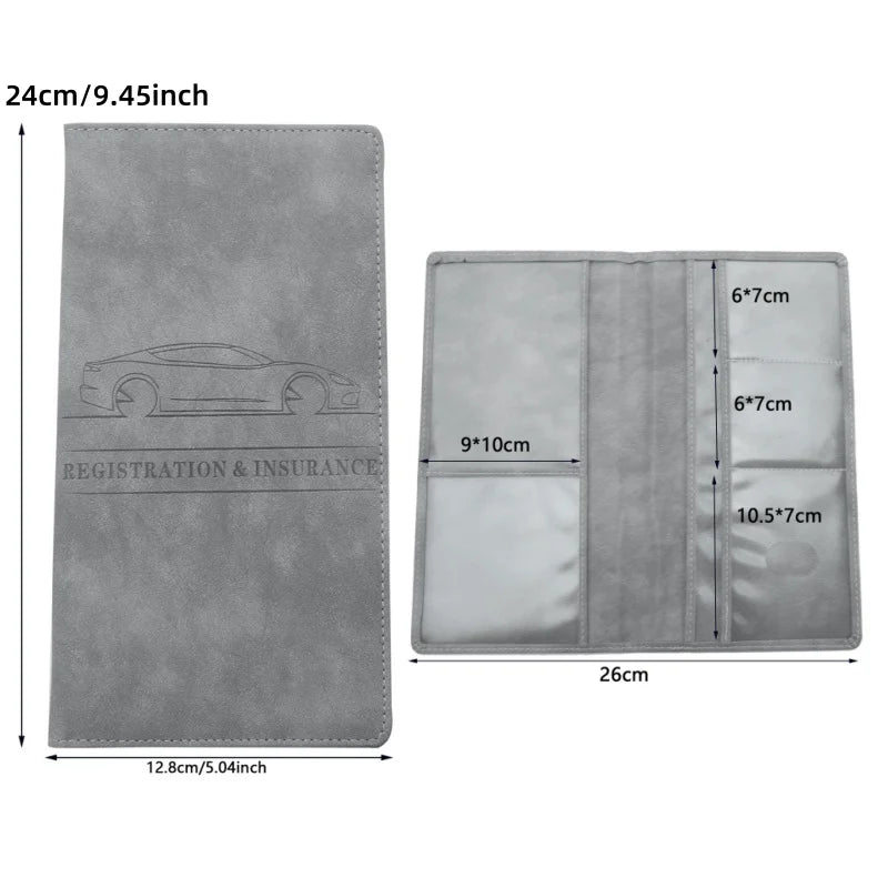 Gray leather card holder wallet with slots for ID and license documents