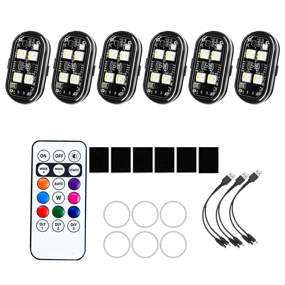 A set of ten multi-mode RGB strobe warning lights for vehicles and drones, along with a remote control and cables.