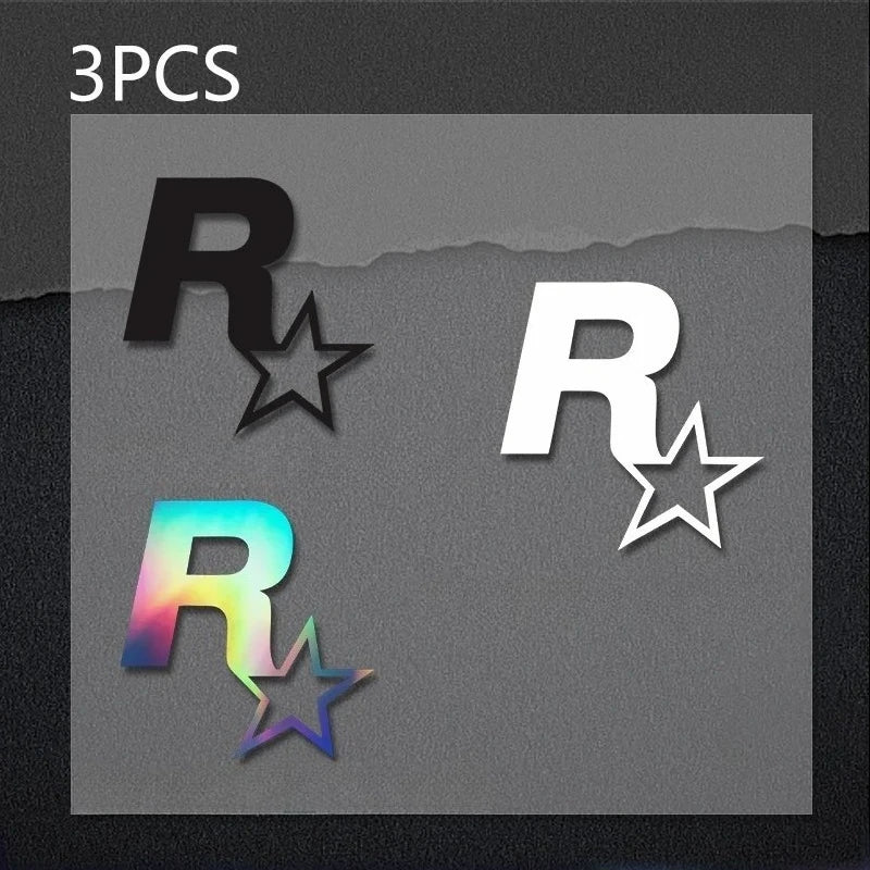 Three reflective star-shaped decals featuring the letter R in black, white, and iridescent colors.