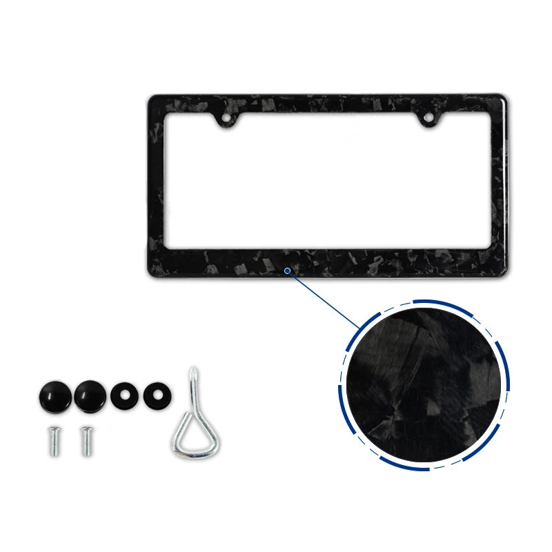 Black carbon fiber license plate frame cover with mounting hardware and a circular detail view