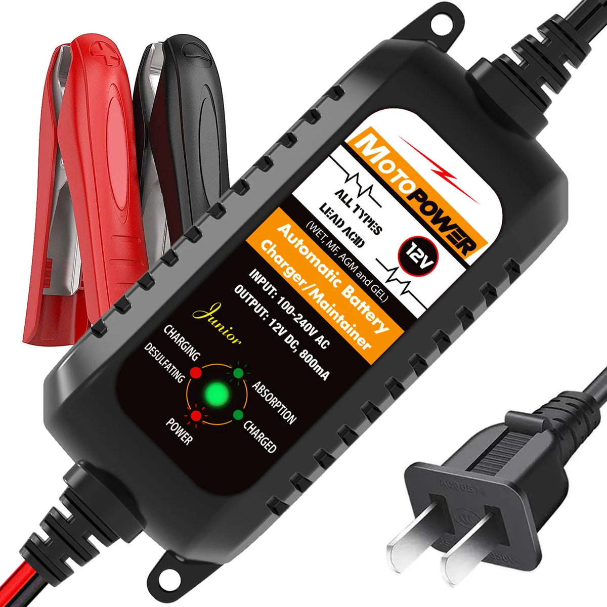 Schwarzer Motorradbatterieladegerät mit 12V-Ausgang und verschiedenen Anschlüssen.
