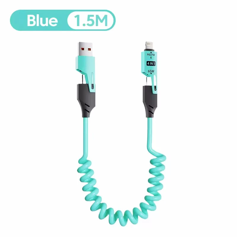 Blue 1.5M spring telescopic charging cable with a connector for a 65W device.