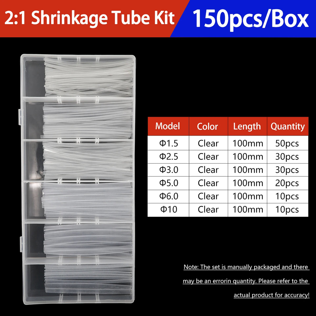 A box of 2:1 shrinkage tube kit containing various diameters of clear heat shrink tubing for electrical insulation.