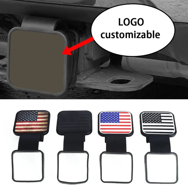 A set of customizable black and red American flag logo covers for a universal trailer hitch.