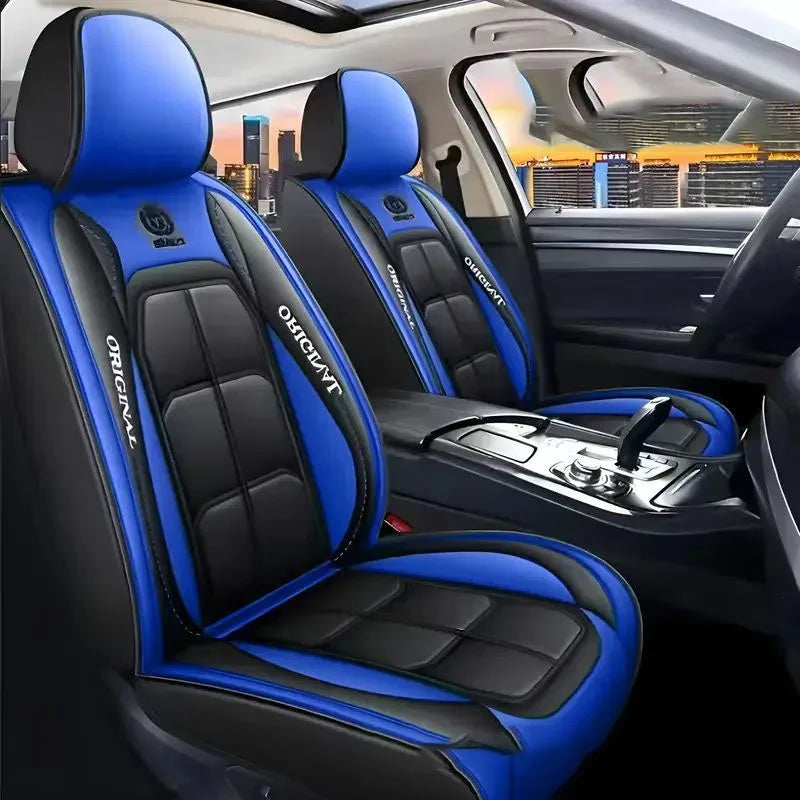 A close-up view of a blue and black leather car seat with custom covers installed in a vehicle interior.