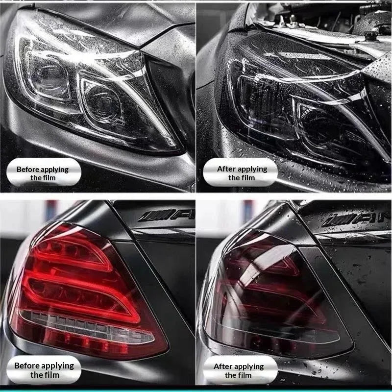 Before and after comparison of a durable tint film applied to a car's headlight and taillight.