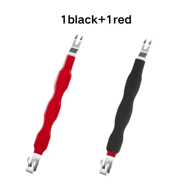 A pair of universal electrical terminal connector removal tools, one black and one red.