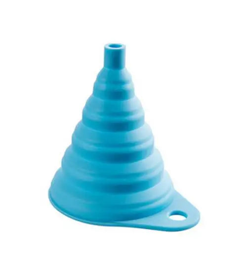 A bright blue silicone funnel with a tapered neck and a flat base for engine fluids.