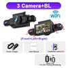 Black 3 camera Bluetooth dash cam with WiFi connectivity and accessories for car monitoring