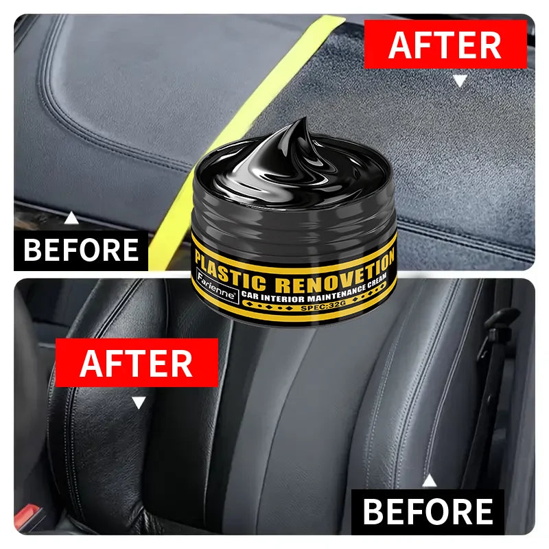 Comparación antes y después de la restauración del interior del coche (plástico y cuero) con crema de cerámica.