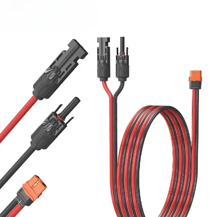 A set of MC4 to XT60I adapter cables and a coiled red electrical cable for solar panel to power station connection.