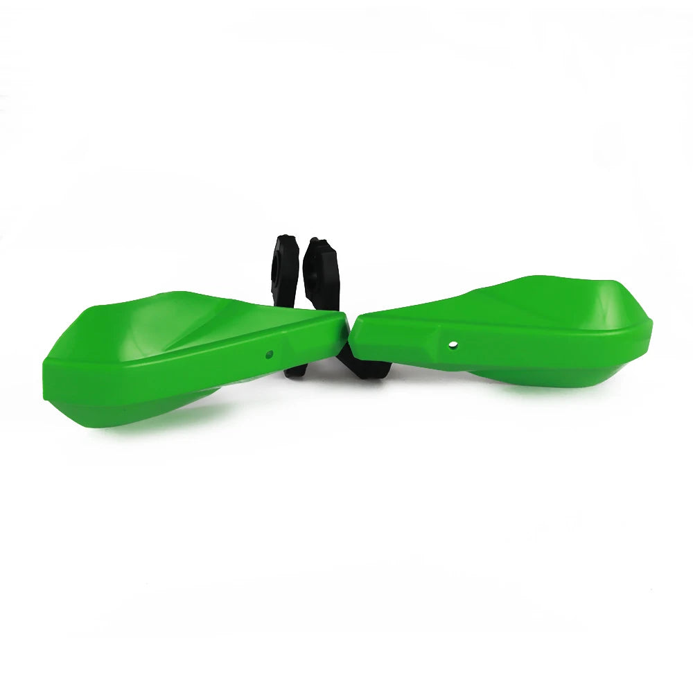 A bright green universal motorcycle handguard and brush protector with black mounting brackets.