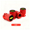 Three red aluminum tire valve covers with yellow accents shown in a close-up view.
