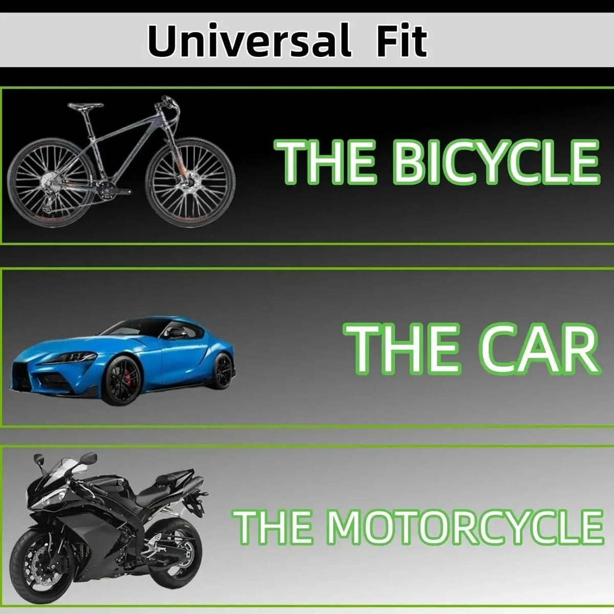 Graphique de comparaison montrant l'ajustement universel entre un vélo, une voiture et une moto.