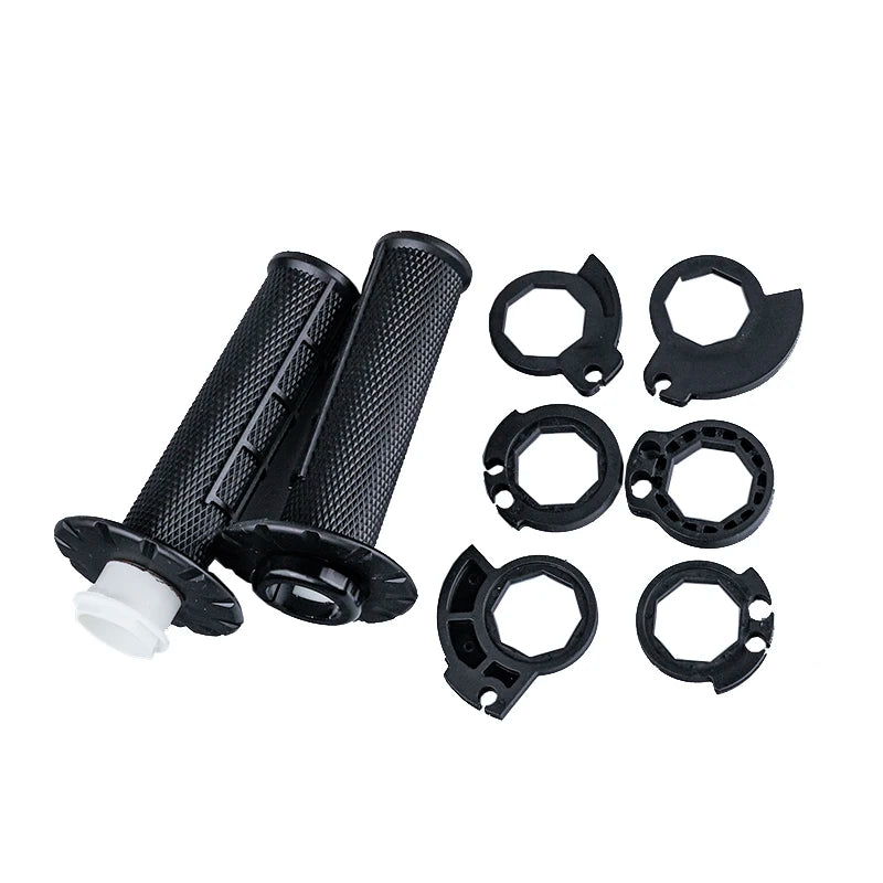 Set of black universal motorcycle handlebar grips and mounting hardware