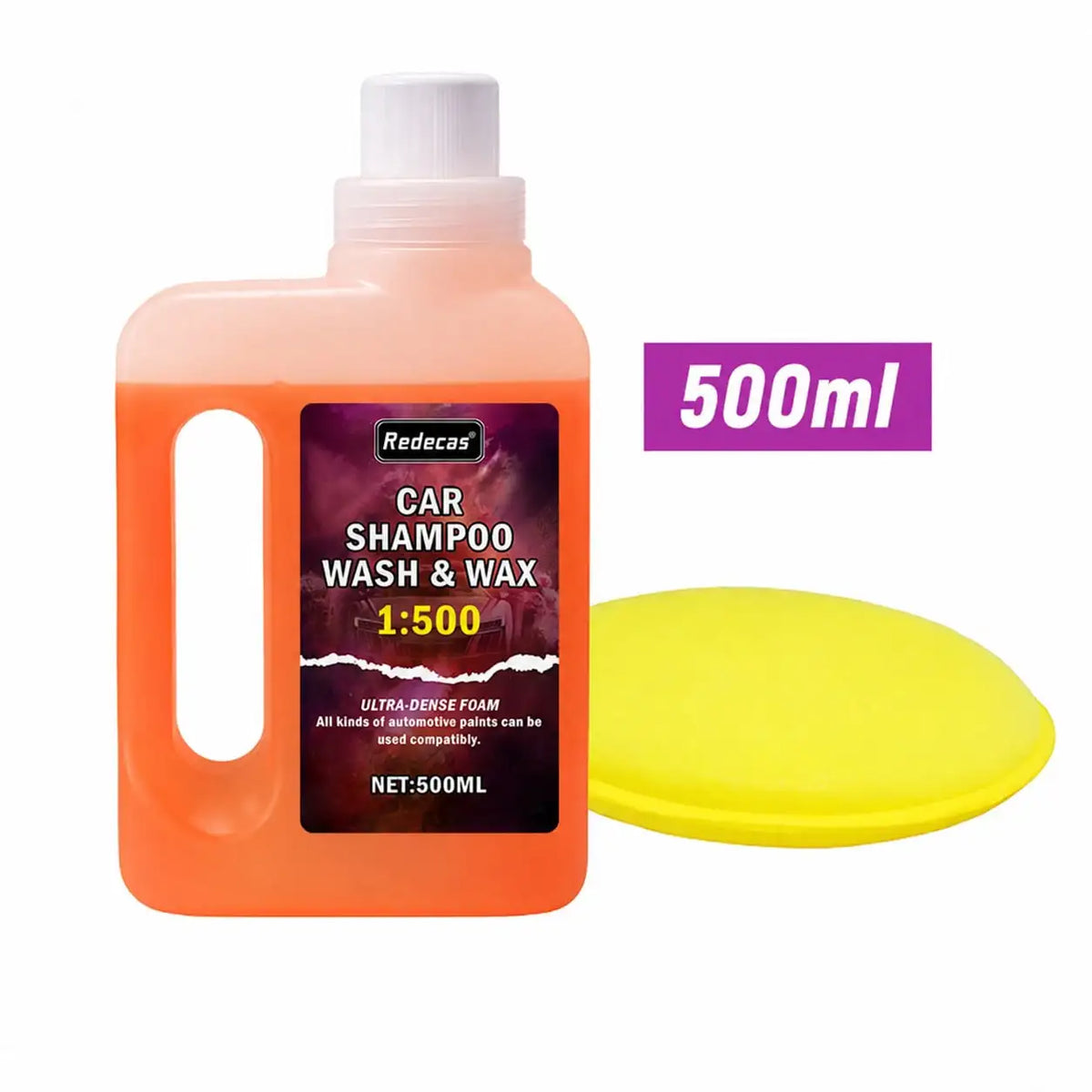 A bottle of Redecas Car Shampoo Wash & Wax in orange liquid with a yellow cap and a yellow foam disc.