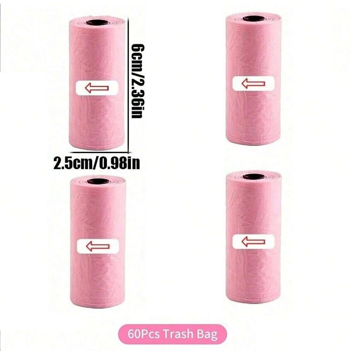 Roll of pink trash bags, 6cm wide and 2.36 inches long, for a portable car trash can.