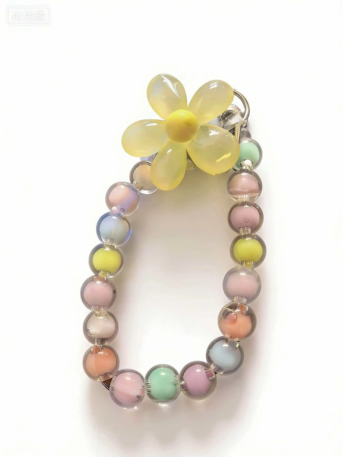A yellow flower pendant on a round bead lanyard with various pastel colored beads.