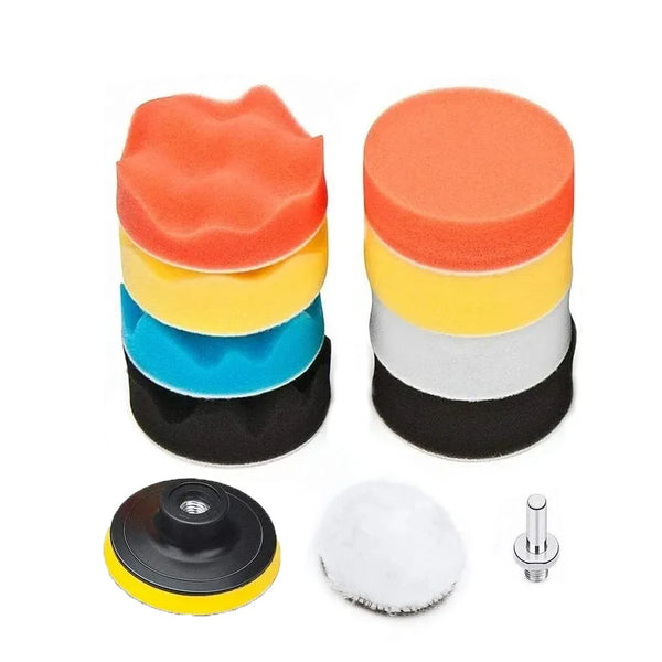 Un juego de once almohadillas de pulido de espuma en varios colores, incluyendo naranja, amarillo, azul y negro, con una herr