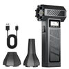 A black high-speed turbo fan with an attached charging cable and various nozzles.