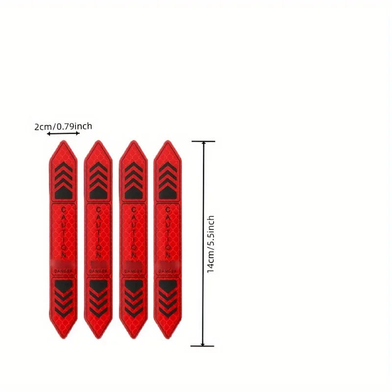 A pack of four reflective car door open warning decals in red and black chevron patterns.